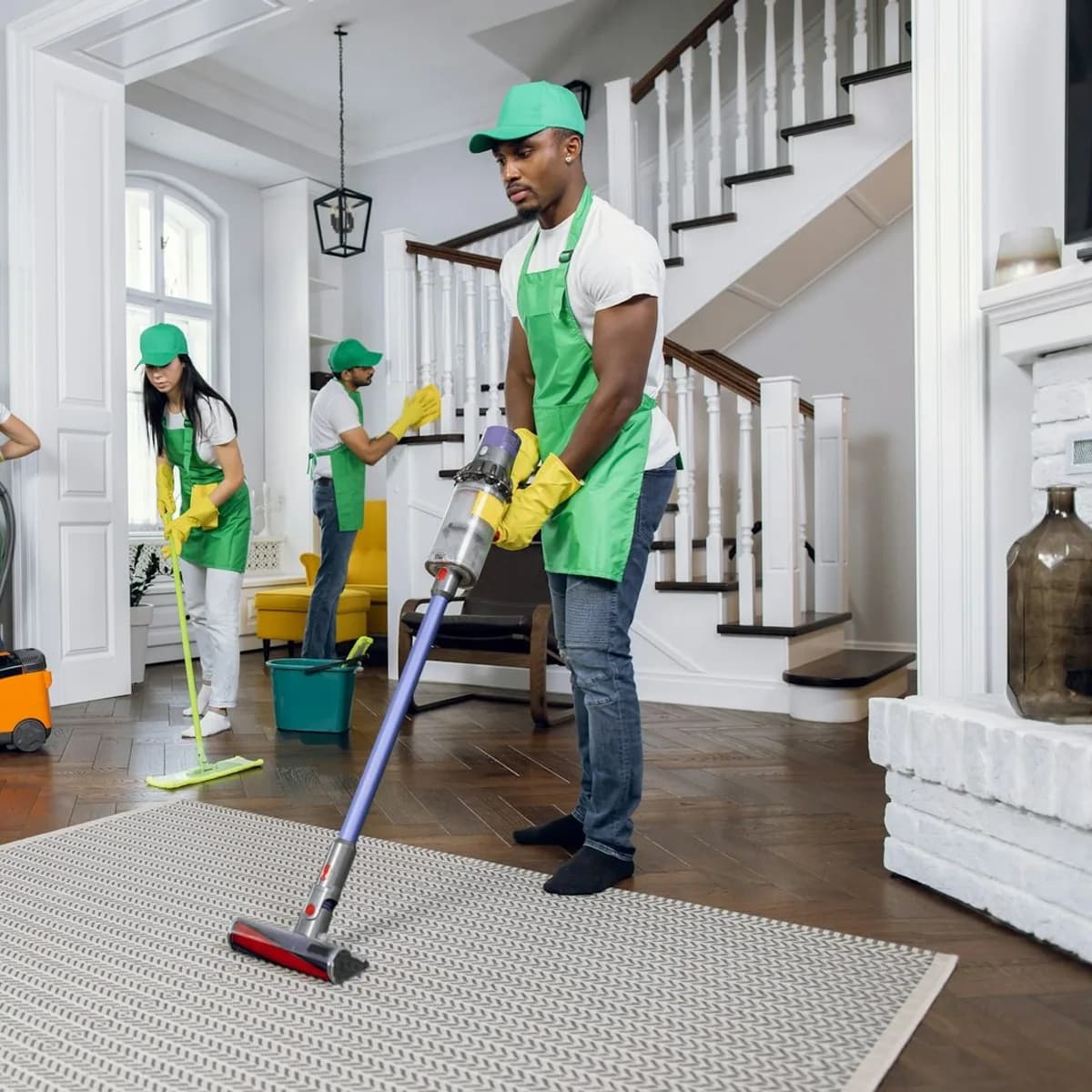 A cleaning team at work in the hallway and stairway of a bright home