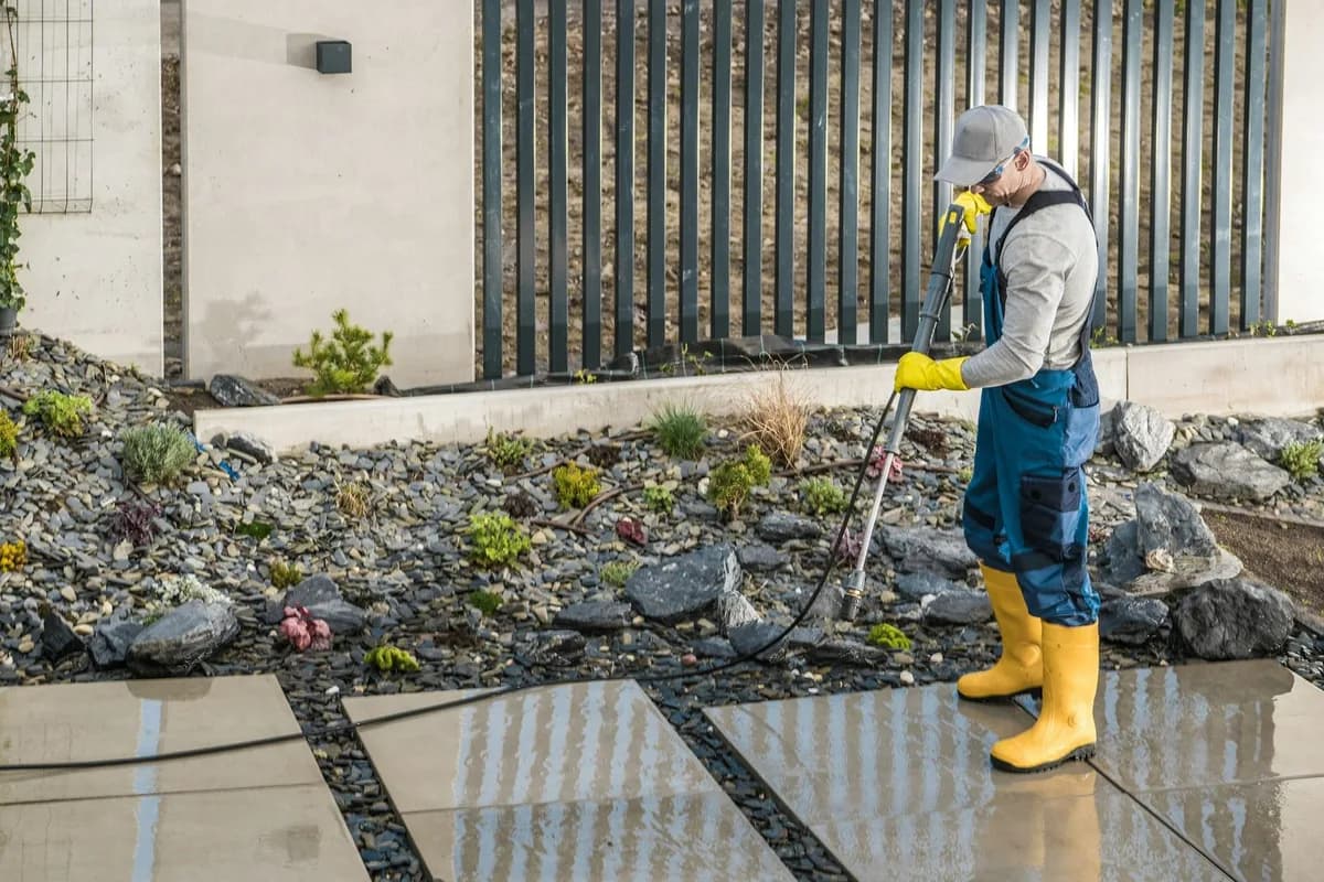 Pressure washing a stone garden path